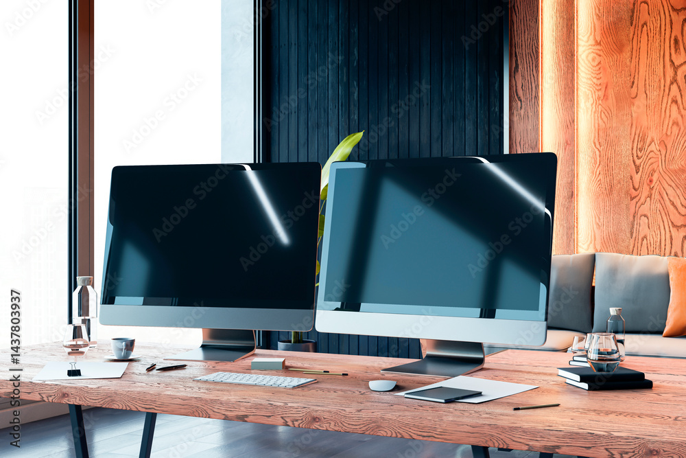 Poster Dual blank computer monitors on wooden desk in modern office interior, clean layout with copyspace screens, concept for branding or display. 3D Rendering