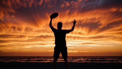 Silhouette of a person throwing a rugby ball at sunset.