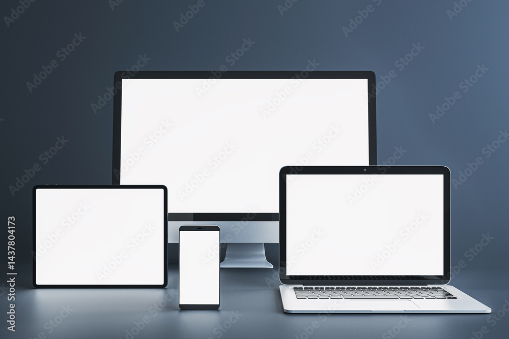 Poster digital device mockup template with blank screens including desktop, laptop, tablet, and smartphone 
