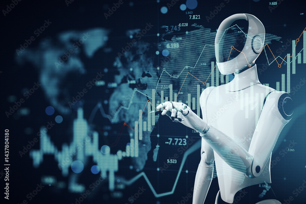 Aufkleber Futuristic humanoid robot interacting with digital fintech network and data charts in high-tech online artificial intelligence environment. 3D Rendering