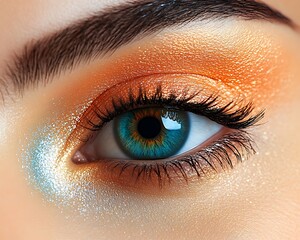 Close-up of a vibrant eye with orange and gold eyeshadow, and icy blue inner corner highlight