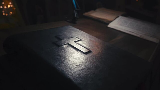 Bible on the table in a Christian church. Christianity, Bible study, religion concept