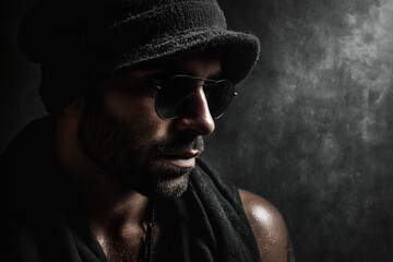 Obraz premium A grunge-style portrait of a rebel with a textured background, gritty vibe, high contrast, and dark ambiance. 