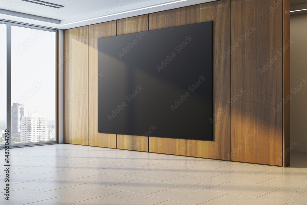 Poster large black blank canvas mockup on wooden wall in modern office interior with city view through wind