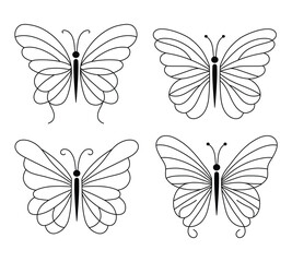Black line drawn butterflies collection on white background
