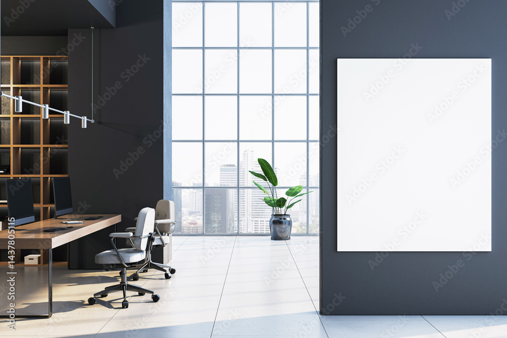 Poster Vertical mockup canvas on dark wall in modern office interior with city view and empty desks in bright professional workspace environment. 3D Rendering