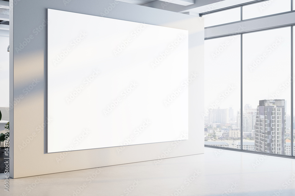 Poster large blank canvas mockup on interior office wall with city view through glass windows in bright mod