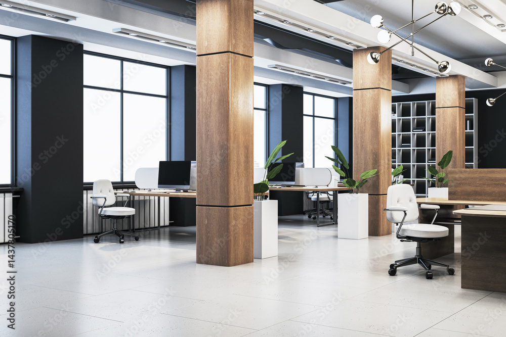 Poster modern empty corporate office interior with wooden columns, white chairs, and desktop computers in s