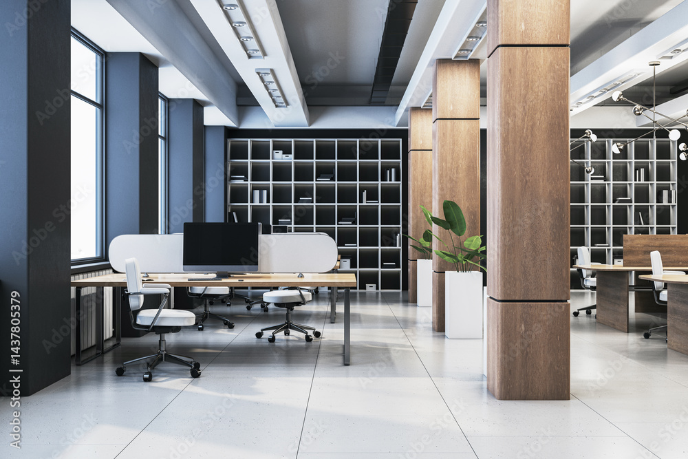 Poster modern empty office interior with wooden columns, white chairs, and open workspace tables in a spaci