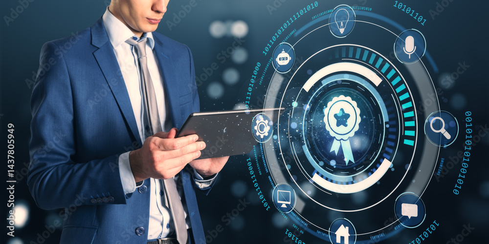 Poster businessman using tablet with futuristic certification icon and digital technology concept on dark b