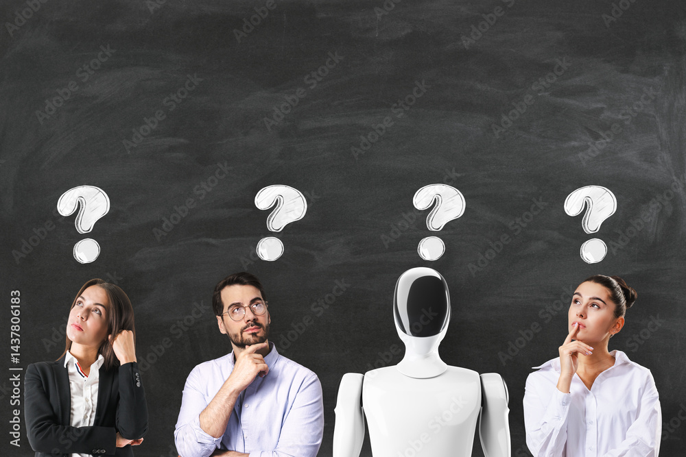 Aufkleber Team of people and robot thinking with question marks above heads on dark chalkboard background, symbolizing creativity and decision-making process.