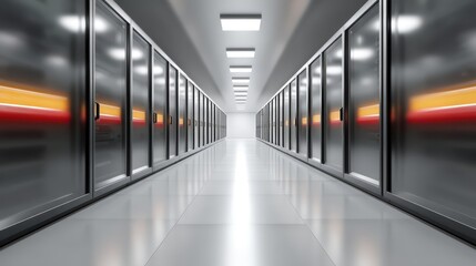 Fototapeta premium Endless symmetry, a journey through long corridor with many doors and captivating perspective