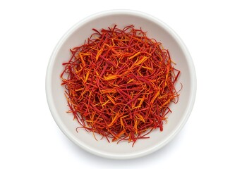 Fototapeta premium Saffron threads in a white bowl, overhead view isolated on white background