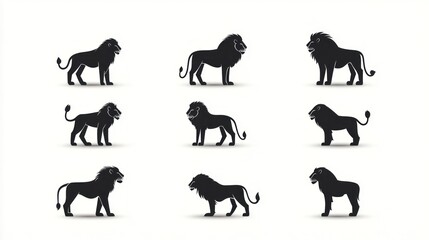 Obraz premium Nine lion silhouettes, profile view, white background, graphic design