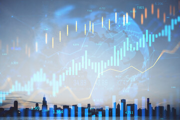 Financial chart and world map overlay on city skyline at sunset, futuristic digital background for global business and stock market design concept.