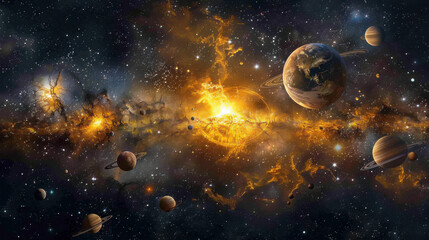Obraz premium Colorful illustration of planets, stars, and nebulae in deep space with glowing cosmic clouds..