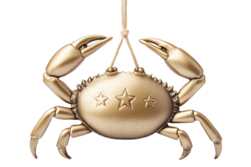 Golden crab ornament displayed against a white background showcasing intricate details of claws and body with star symbols representing marine life and nature theme