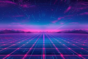 Futuristic Neon Landscape with Stars and Mountains at Dusk
