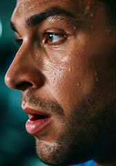 Fototapeta premium Close-up of sweaty determined young man exercising with focused expression