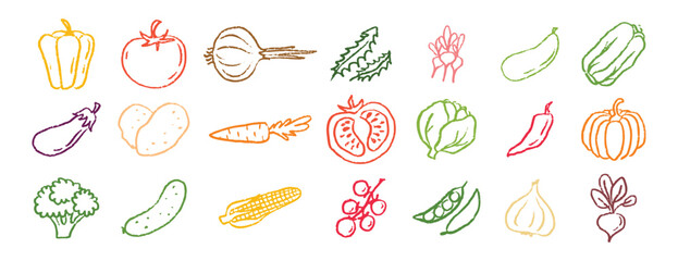 Vegetables icons chalk hand drawn doodle set. Drawing crayon vegetables 