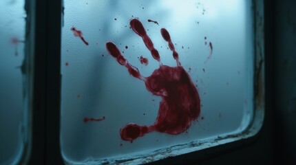 Bloodied handprint on foggy glass window in dimly lit room