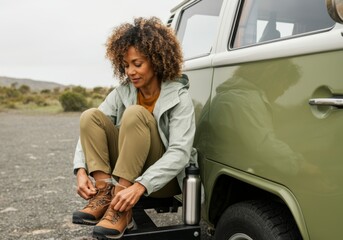 Woman lacing hiking boots by vintage green camper van in outdoor setting