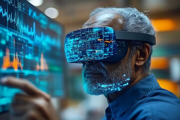 Man in VR headset analyzes data on screen