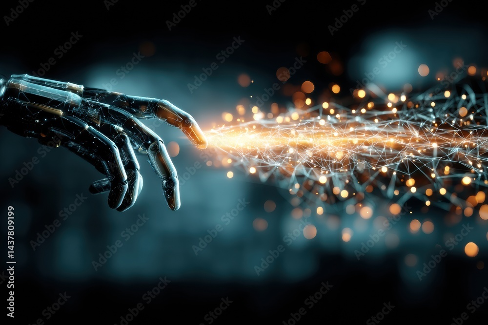 Aufkleber Robotic Hand Extends Toward a Glowing Data Stream in a Dark Environment Showcasing Advanced Technology and Digital Connectivity