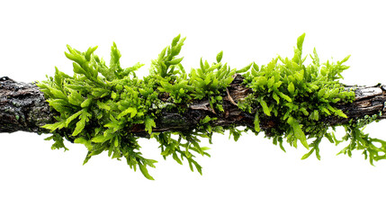 Moss growing on a branch isolated against a white background.