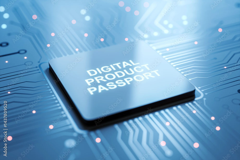 Aufkleber Digital product passport chip on futuristic circuit board background, glowing lights and blue tone representing secure technology concept. 3D Rendering
