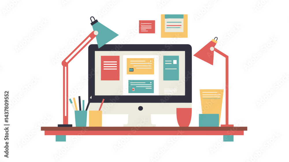 Poster modern flat design concept for responsive web design and development featuring desktop workspace wit