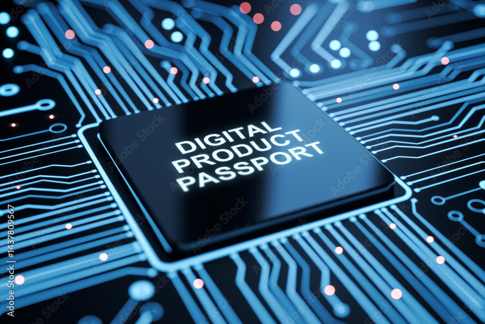 Aufkleber Digital product passport text on futuristic microchip in blue circuit board background representing innovation in virtual technology systems. 3D Rendering