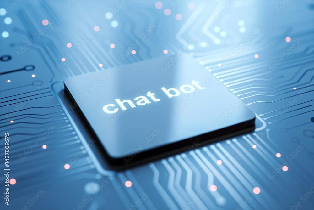 Poster Chatbot processor concept on futuristic circuit board with glowing light elements, symbolizing artificial intelligence and digital communication. 3D Rendering