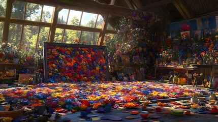 Colorful Studio Filled with Vibrant Floral Paintings and Art Supplies