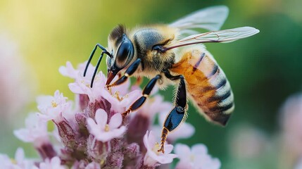 Fototapeta premium Bee pollinating flower, garden, sunlit background, nature