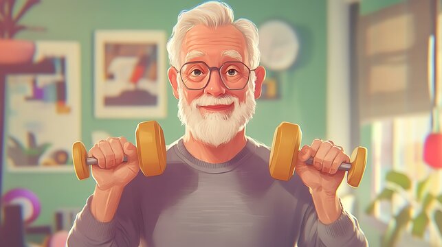 Active Senior Characters Pack senior man lifting light dumbbells in modern home gym Health and fitness campaigns for aging populations Flat vector characters for senior lifestyle branding