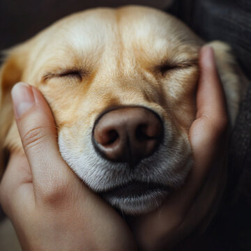 Funny dog is closing his mouth in hand with shy.