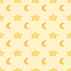 Seamless pattern of yellow stars and crescent moons. Cartoon style gives a comfortable feeling. Suitable for graphic design, fabric design, wallpaper, children's products.