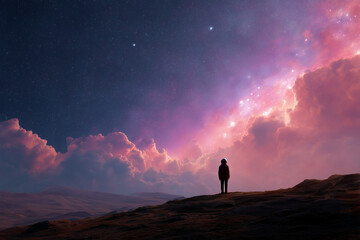 Fototapeta premium A space explorer standing on an alien planet beneath a colorful nebula-filled sky, vivid cosmic details, and a sci-fi atmosphere.