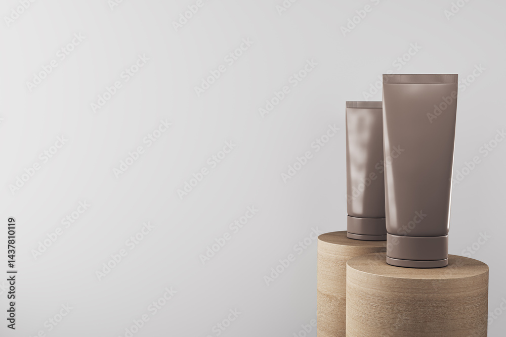 Poster Cosmetic tubes on wooden podiums against clean white background for product presentation and branding concept. 3D Rendering. 3D Rendering