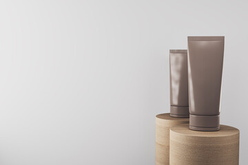 Cosmetic tubes on wooden podiums against clean white background for product presentation and branding concept. 3D Rendering. 3D Rendering