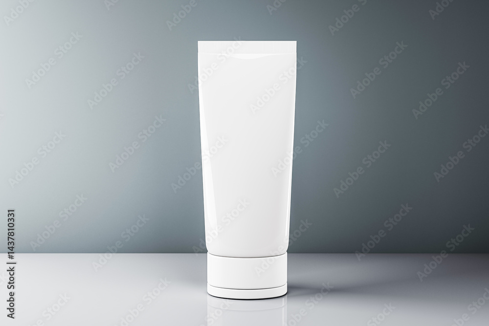 Poster white blank cosmetic tube for branding or product presentation on clean gray background with light r