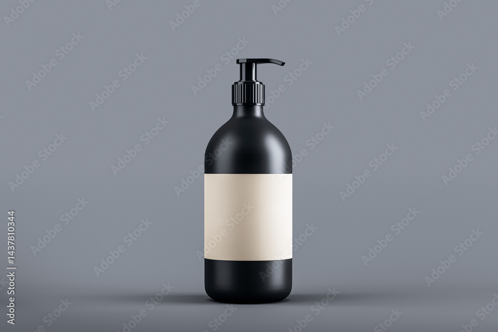 Aufkleber Black matte pump bottle mockup with blank beige label for branding presentation on dark gray background in minimal clean style. 3D Rendering