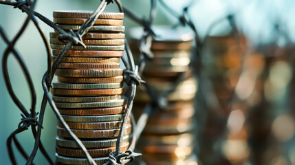 Stacks of coins trapped behind barbed wire fence in outdoor light, symbolizing financial restriction, economic sanctions, and constrained wealth or capital control.