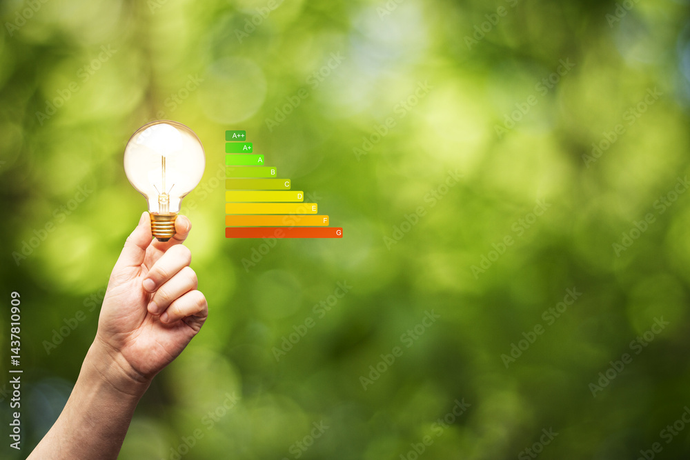 Poster hand holding glowing light bulb with energy efficiency rating chart on green background symbolizing 