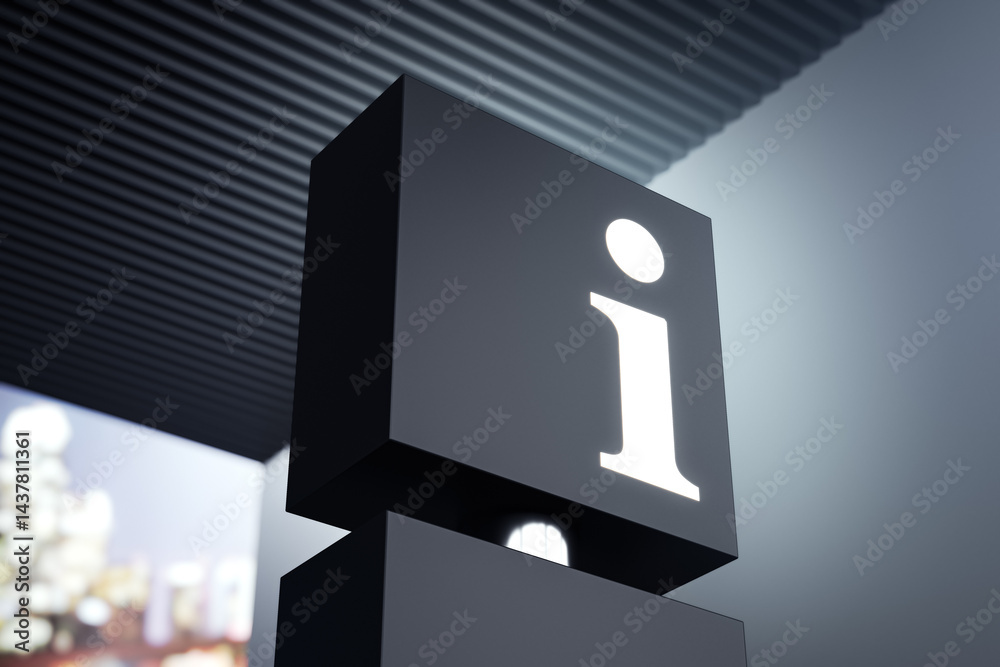 Aufkleber Close-up of illuminated information symbol sign in modern interior environment with abstract ceiling and soft lighting in background. 3D Rendering