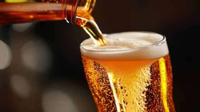 Bartender pouring fresh beer into glass, close-up of hands holding glass, golden liquid flowing, professional serving of drinks at bar.