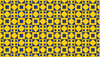 Vibrant geometric pattern with yellow and navy blue squares and diamonds, arranged in a symmetrical seamless grid