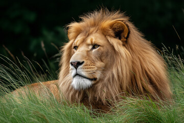 Obraz premium Lion resting peacefully on the grass, surrounded by nature