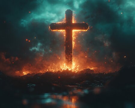 Fiery cross ablaze in dark, stormy night, reflected in water